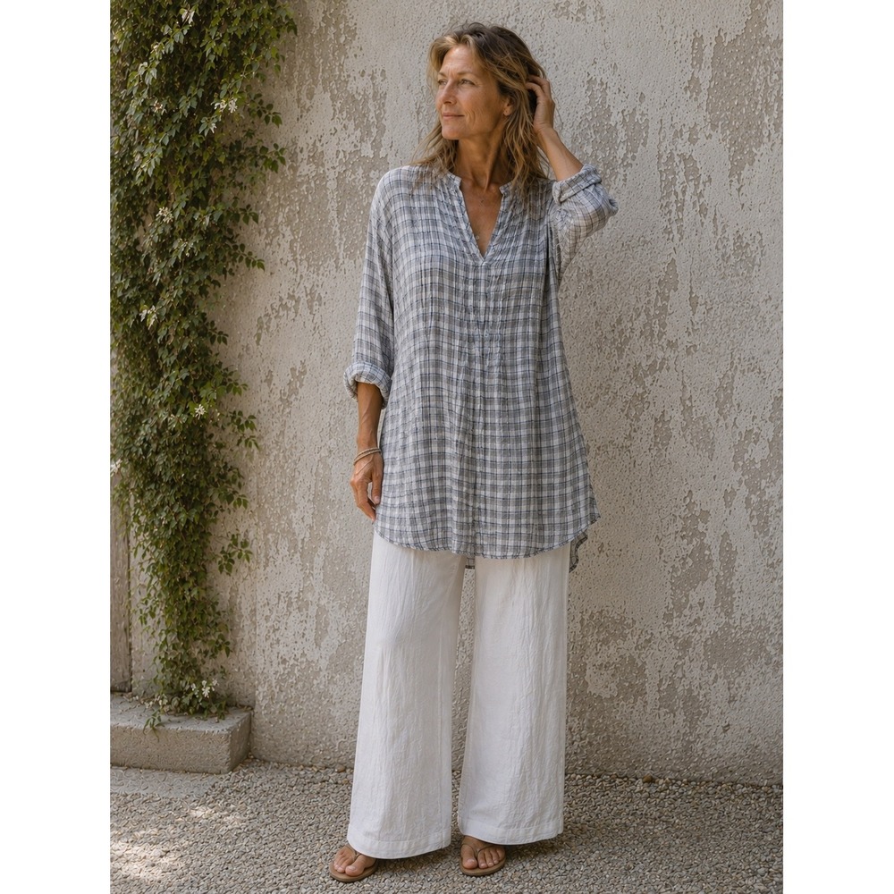 CP Shades Regina Linen Tunic Top Blue Grey Plaid Pintuck Roll Tab Sleeve- M